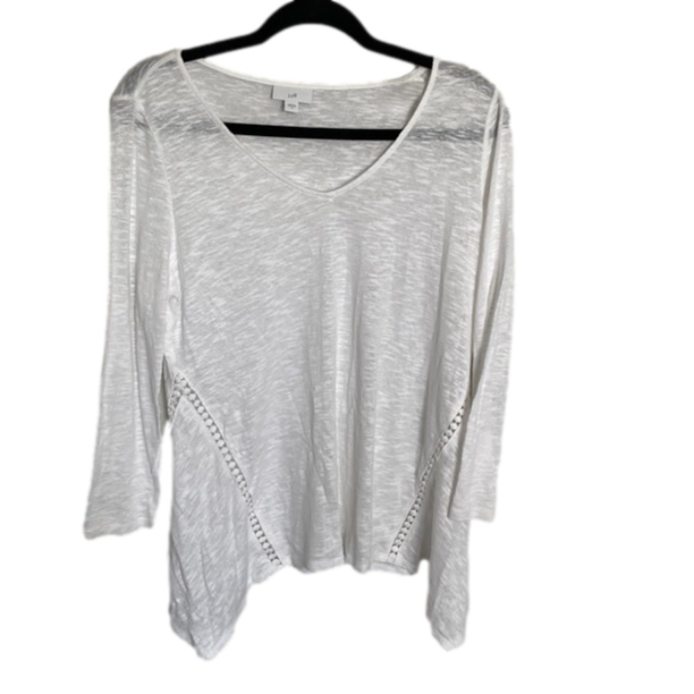J Jill White Linen Cotton Tunic Crochet V Neck 3/4 Sleeve A Line Small